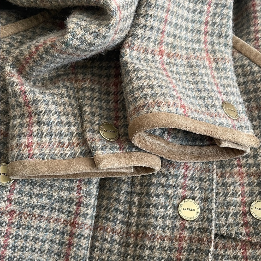 Vintage Lauren Ralph Lauren Houndstooth Wool Jacket Leather Trim Full Zip Sz S - Picture 7 of 12